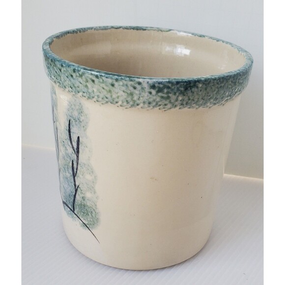 Stoneware Pottery Green Spongeware Utensil Crock Snowman Country Primitive 5.25" - Picture 4 of 9